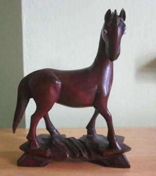 Small Wooden Horse Figurine With Glass Eyes On Base - Head Turned,  Bright Eyes