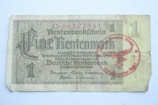1 X Ww2 Germany Banknote.  1 Rentenmark.  1937.  H.  Goering Stamp In Red.  Very Rare