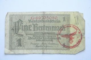 1 X WW2 GERMANY BANKNOTE.  1 RENTENMARK.  1937.  H.  GOERING STAMP IN RED.  VERY RARE 3