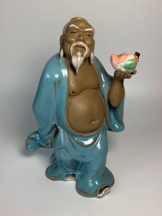 Vintage Chinese Shiwan Pottery Ornament Wise Man With Fruit Figure 18.  5cm