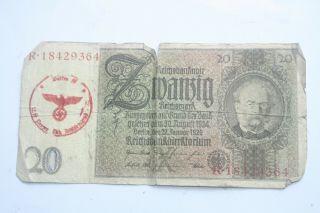 1 X Ww2 Germany Banknote.  20 Reichsmark.  1924/9 Hitlerjugend Stamp In Red.  Rare