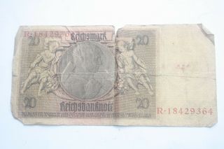 1 X WW2 GERMANY BANKNOTE.  20 REICHSMARK.  1924/9 HITLERJUGEND STAMP IN RED.  RARE 2