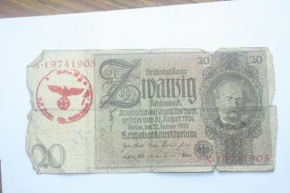 1 X WW2 GERMANY BANKNOTE.  20 REICHSMARK.  1924/9 HITLERJUGEND STAMP IN RED.  RARE 3