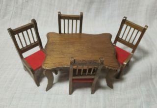 Vintage Dollhouse Wooden Table Dining Room Set W/ 4 Red Velvet Chairs Euc