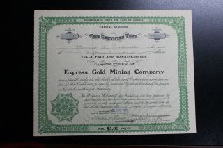 Antique Mining Stock Certificate Express Gold Mining Co,  Terr Of Arizona 1902