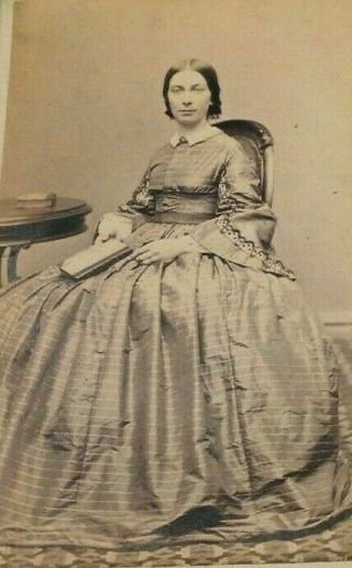 Antique Cdv Photo Of Serene Woman Wears Elegant Dress From Worcester Mass 1860s