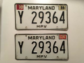 1986 Maryland Mpv License Plate Pair Plates Yom Multi - Purpose Vehicle Rare Type