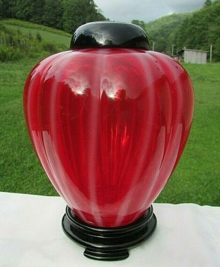 Fenton Glass Ruby Red Opalescent Rib Optic Ginger Jar 9 " H X 6.  5 " W & Rare