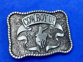 Cowboy Up Western Style,  Antique Silver Color Rodeo Belt Buckle Rope Boarder