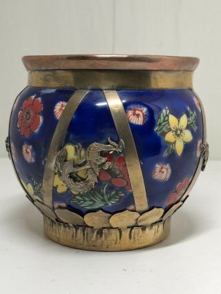 Vintage Chinese Ceramic Pot With Brass Dragon & Butterfly Detail Signed To Base