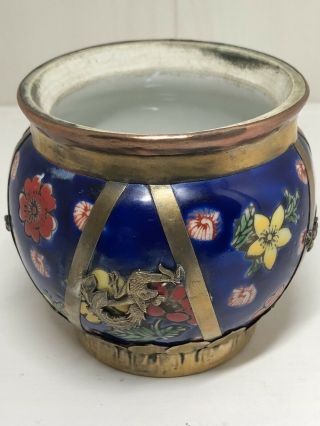 Vintage Chinese Ceramic Pot With Brass Dragon & Butterfly Detail Signed To Base 2