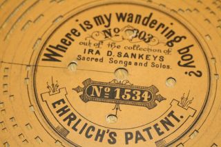 ANTIQUE 1892 EHRLICHS PATENT CARD MUSIC DISC WHERE IS MY WANDERING BOY ORGANETTE 2