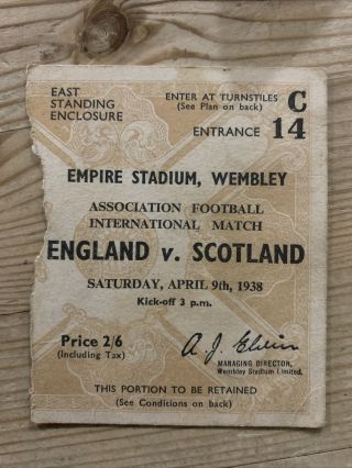 Rare Pre War Football Ticket England V Scotland Wembley 1938 International