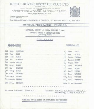 1970/71 Rare Pre - Season Friendly Bristol Rovers V Birmingham City
