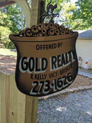 Rare Antique Gold Realty Indiana Real Estate Sign Wooden Hand Painted 2 - Sided 24