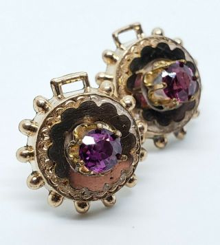 Antique Art Nouveau Gold Gilt Brass Pink Garnet Gem 14k Gold Post Stud Earrings