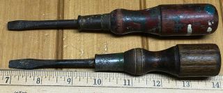 2 Antique Turned Wood Handle Flat Head Screw Drivers Usa Old Wood Tools