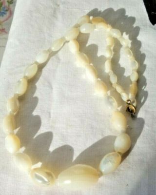 Antique Art Deco Hand Carved Mother Of Pearl Elongated Bead Necklace 18.  5 " Wow