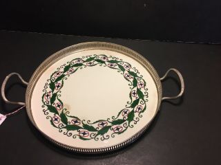 Handled Round Articulated Silver Plate & Ceramic Gallery Serving Tray Germany