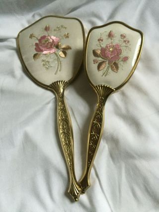 Vintage 2 Piece Dressing Table Vanity Set Gold Colour Pink Floral Embroidery