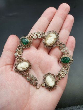 Vintage Antique Edwardian - 1930s Filigree Glass And Real Shell Cameo Bracelet