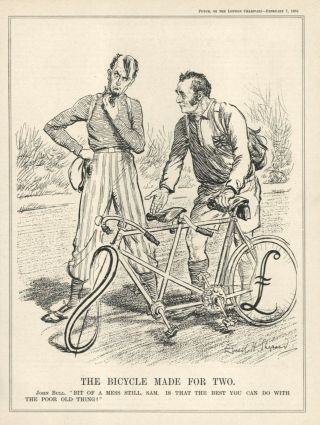 Vintage British Cartoon - Uncle Sam & John Bull - Tandem Bicycle - Dollar Sign