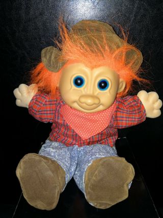 Vintage Russ Troll Kidz Plush Doll Cowboy Jeans Hat Orange Hair Blue Eye