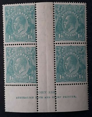 Rare 1932 Australia Ash Imp Blk 4x1/4 - Turquoise Kgv Stamps Mccofawmk Muh