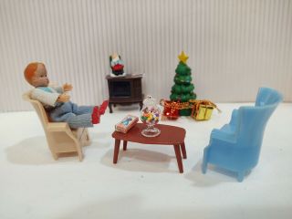 Marx Living Room Christmas Set W/caco Doll Vintage Miniature Dollhouse Furniture