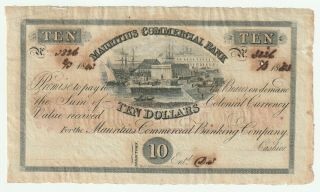 Mauritius 1843 10 Dollars (2 Pound Sterling Ovrpt) P.  S122 - Ink Burn - Rare