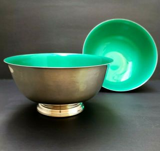 Set Vintage 2x Reed Barton 8 " Silverplate Green Enamelware Bowls 104 Decorative