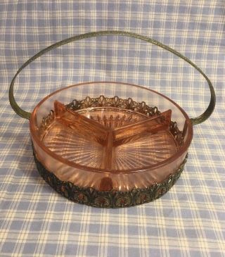 Vintage Victorian Pink Clear Glass Ornate Dish With Brass Ornate Bottom 6 - 3/8”