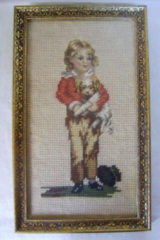 Vintage Embroidery Picture In Frame; Victorian Boy With Dog