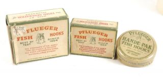 Vintage Pflueger Fishing Hooks - Two Boxes And Tin - Fishing Tackle