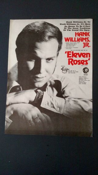 Hank Williams,  Jr.  " Eleven Roses " (1972) Rare Print Promo Poster Ad