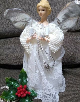 Vintage Angel Christmas Tree Topper Lighted Lace Dress Bisque Face Silver Wings