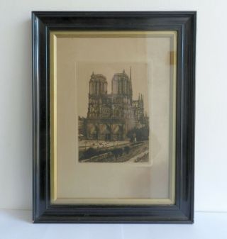 Antique Etching Of Notre Dame Paris Pencil Signed Ebony Frame