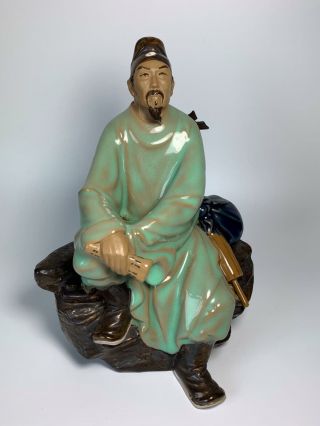 Vintage Chinese Shiwan Pottery Ornament Wise Man Sitting On Rock Figure 19.  5cm