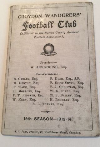 Croydon Wanderers Association Football Club.  1913/14.  Rare