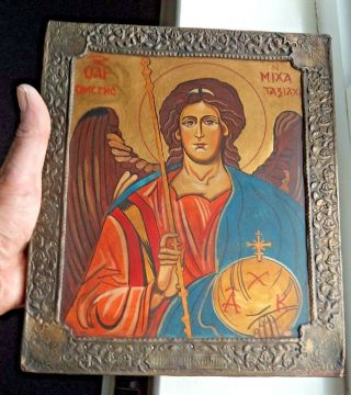 20th Century Ornate Antique Greek / Russian Religious Icon Saint Michael