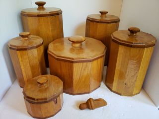 Rare 12 - Sided Wooden Canister Set - - 6 Containers With Lids Unique