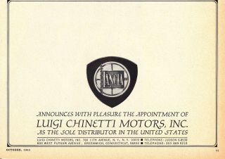 1965 Luigi Chinetti Motors Inc - Lancia Distributor Rare Print Ad