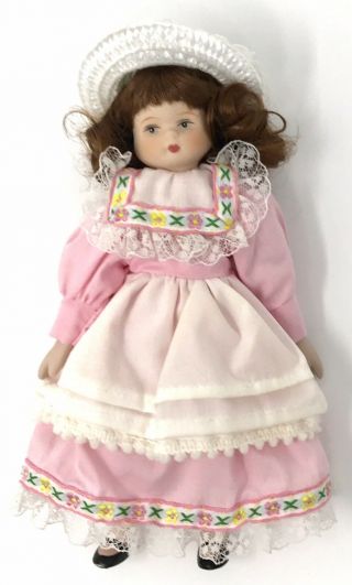 Vintage Porcelain Doll 8 ” Brown Hair Pink Dress Hat Cloth Body Baby Decor