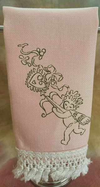 Rare Sherle Wagner " Cherub " Cotton Guest Towel,  With Cupid,  An Arrow,  & A Heart