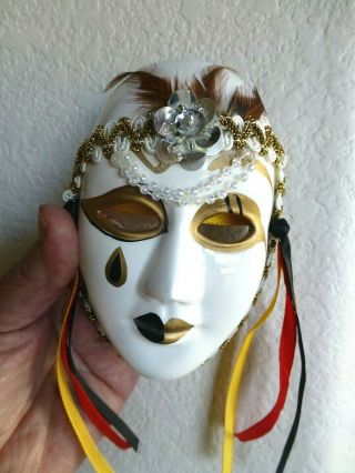 Retro Feathers & Beads Decorated Ceramic Mardi Gras Face Mask Wall Decor Taiwan