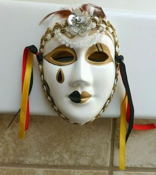 Retro Feathers & Beads Decorated Ceramic Mardi Gras Face Mask Wall Decor Taiwan 2