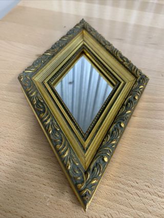 Vintage Mid Century Small Gold Wood Framed Diamond Shaped Wall Mirror