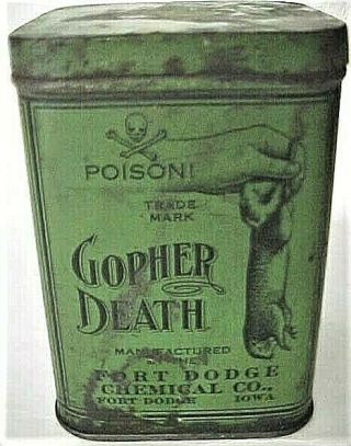 Antique Gopher Death Poison Tin - Fort Dodge Iowa - Skull & Crossed Bones 1917