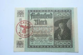 1 X Germany Banknote.  5,  000 Marks.  1922.  Nsdap Adolf Hitler Stamp In Red.  Rare.