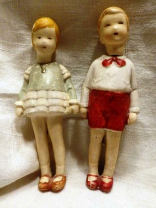 Vintage Nodder Dollhouse Dolls Figurines Germany Miniatures Boy & Girl Bisque